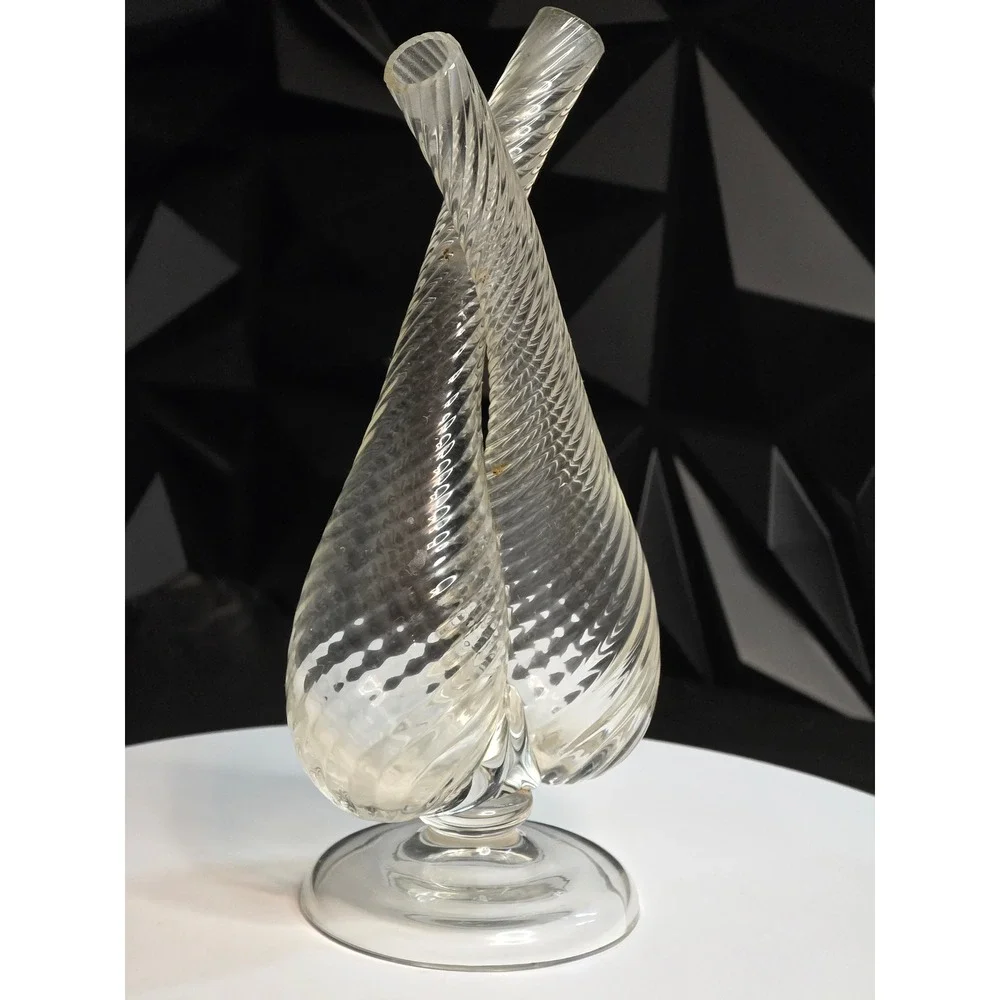 Vintage Clear Glass Double Bud Vase Twisted Ribbed Opti Swirl Pedestal Base 8.5